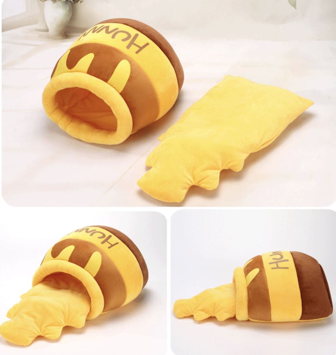 Cozy honey jar-shaped cat nest bed with soft plush cushion, perfect for cats to comfortably sleep and relax.
