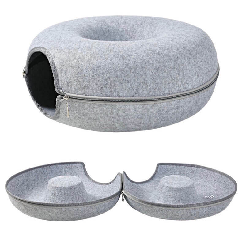 A light grey colour donut shaped felt tunnel cat bed
