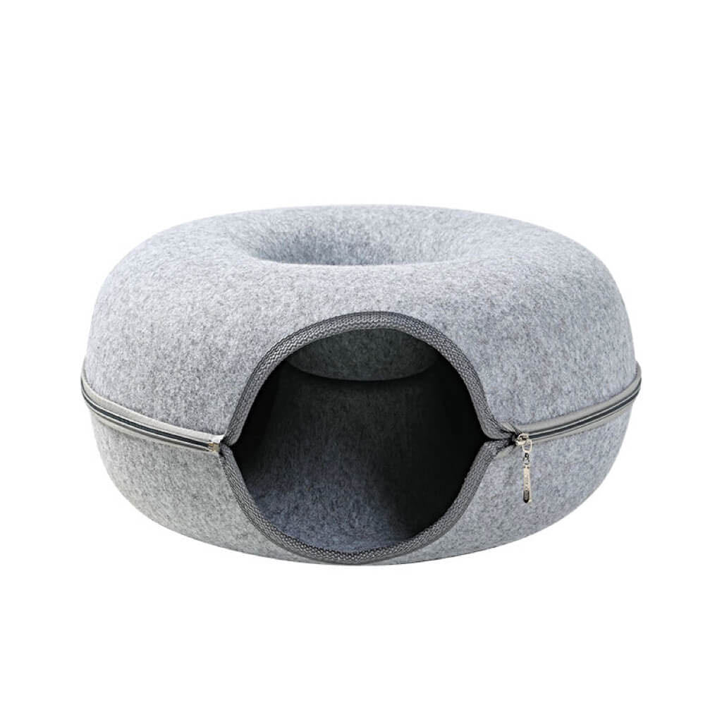 A large light grey colour donut shaped felt tunnel cat bed with zipper in the middle petvibez