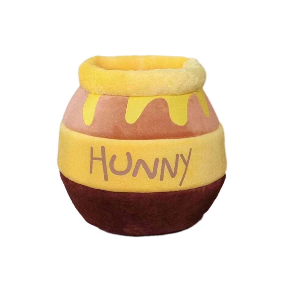 honey jar-shaped pet nest bed in warm yellow and brown tones, featuring a soft plush interior and bee-themed accents, perfect for small cats and kittens.